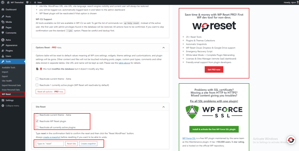 wp reset option